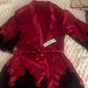 Frederick's of Hollywood Red Satin Robe with Black Lace